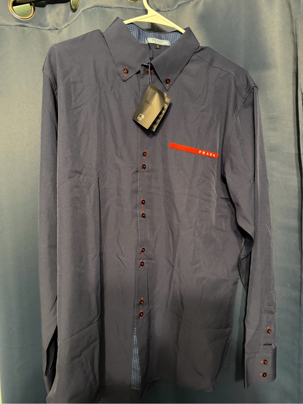 Prada Navy Dress Shirt with Red Trim